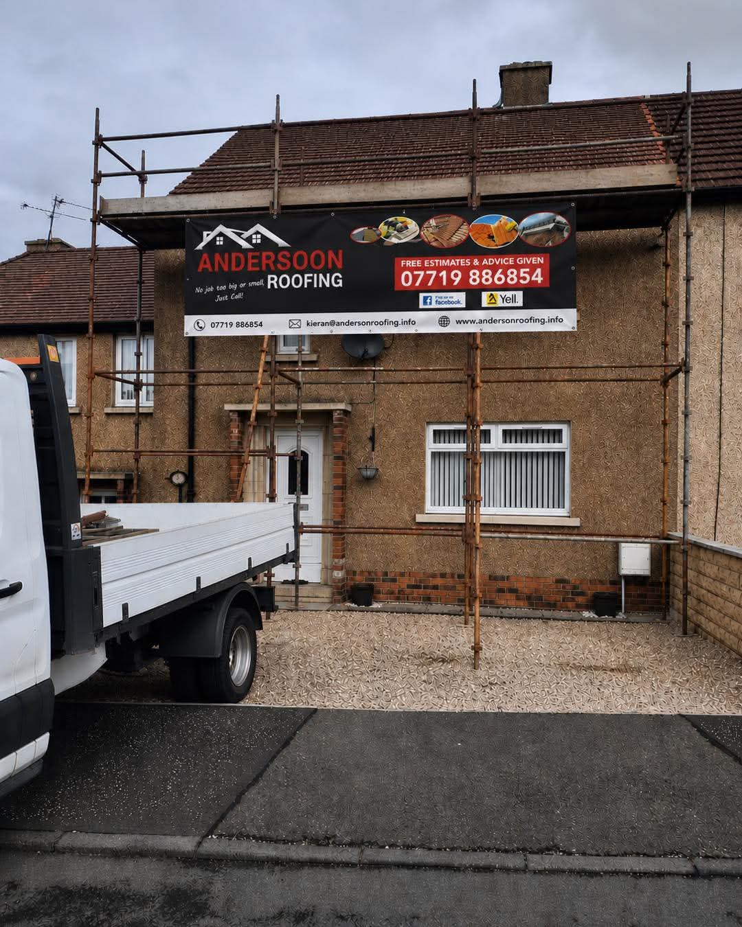 Anderson Roofing branded site banner and work van on a scaffolded job in Falkirk