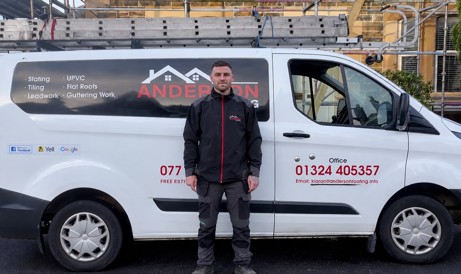 Anderson Roofing team member with a branded work van in Falkirk