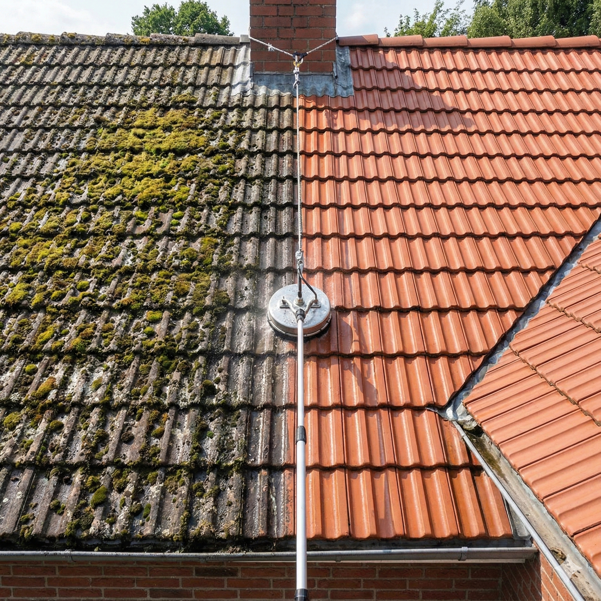 Roof before and after moss removal and soft washing by Anderson Roofing & Building in Falkirk